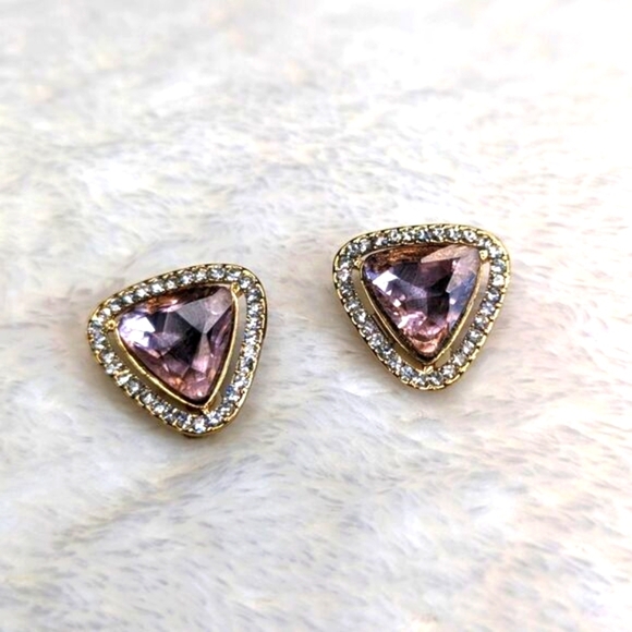 Vintage 90's Pink and Clear Triangle Rhinestone Clip Earrings - Picture 7 of 10